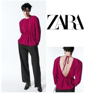New Zara Long Sleeve Semi-Sheer Open Back Fuchsia Blouse Size L